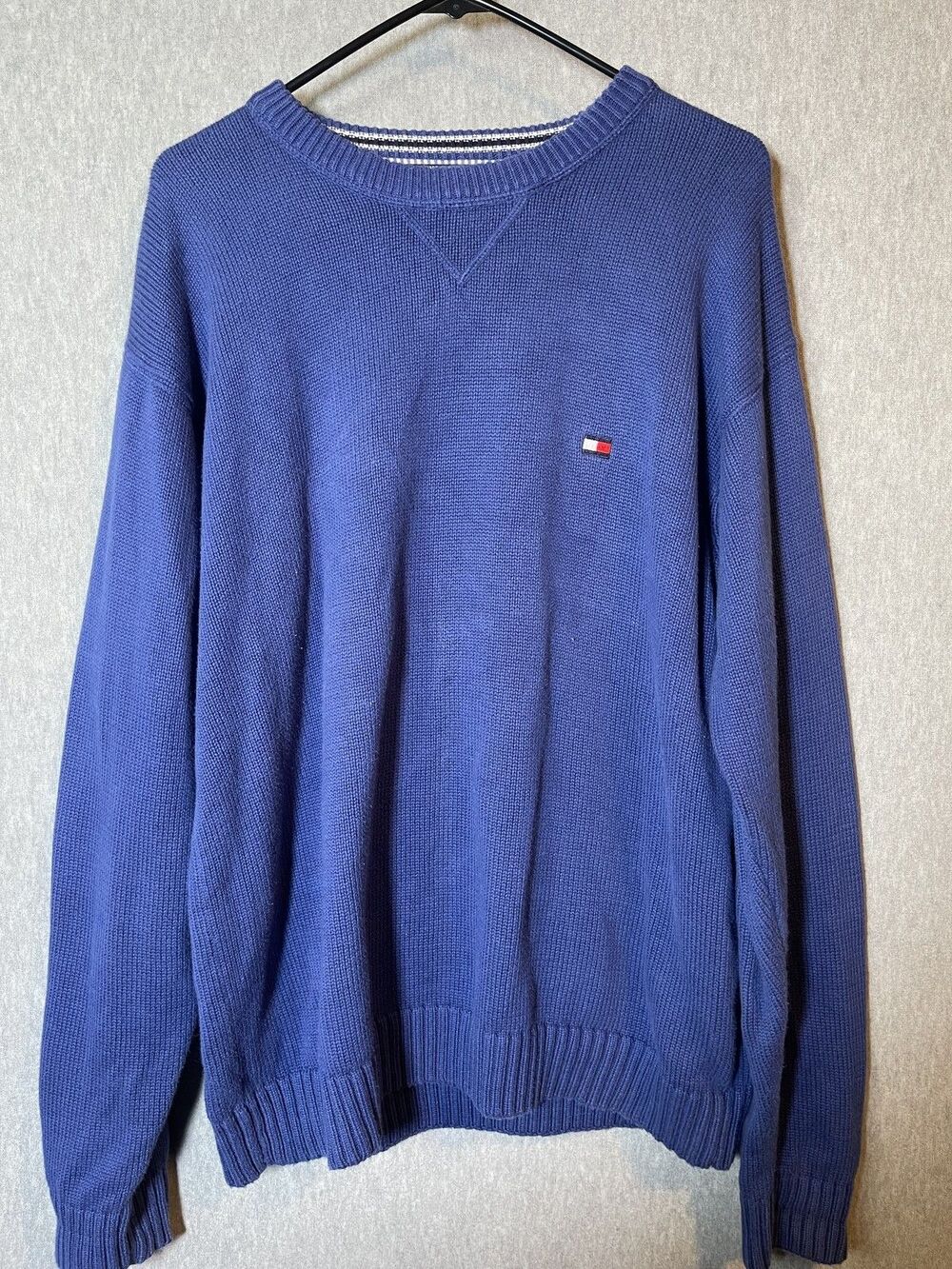 Tommy Hilfiger Men's L Large Blue Cotton Knit Crew Neck Sweater Flag Logo